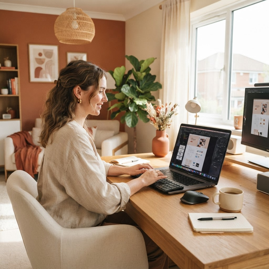 Persoon werkt vanuit huis aan een laptop en bouwt een website